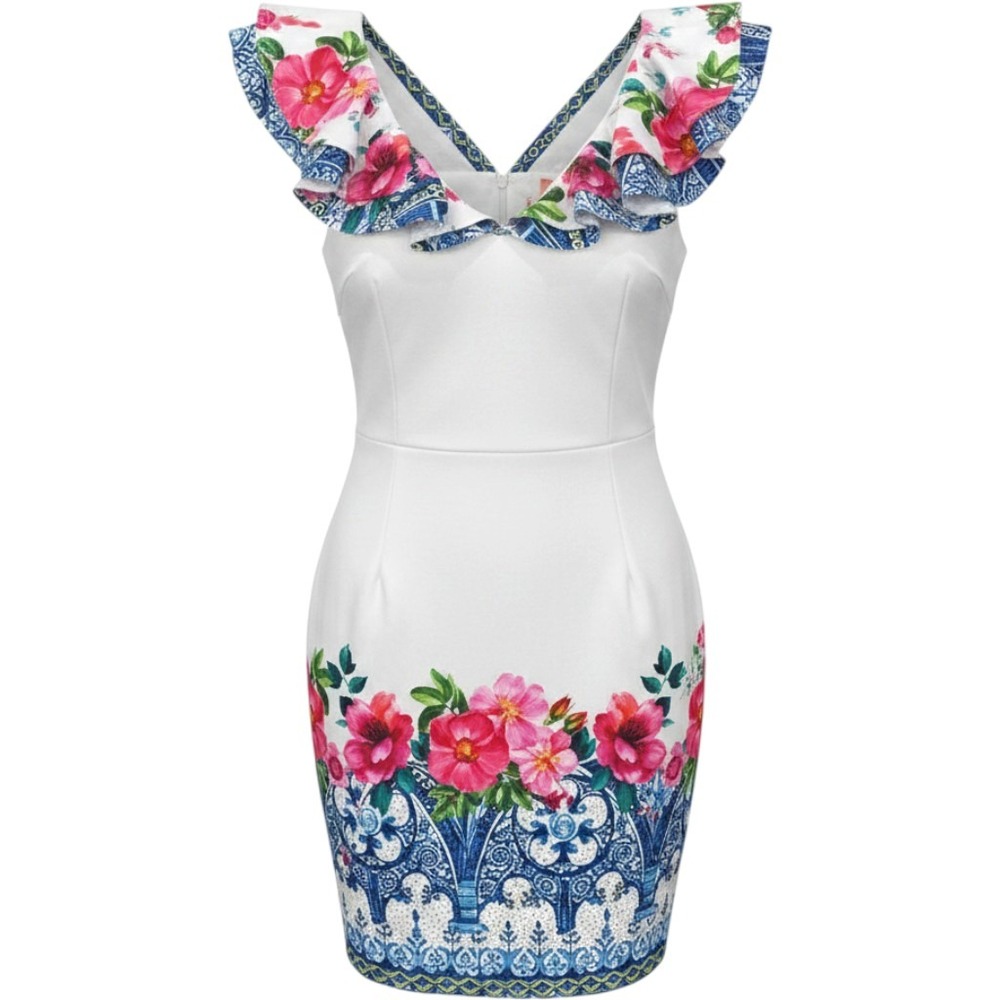 LUXMI White Floral Print Ruffle Collar Sleeveless Mini Dress